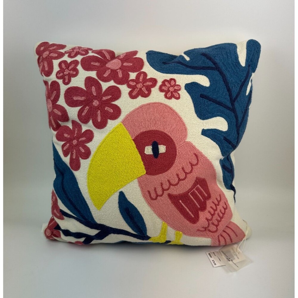 Chelsea And Theodore Embroidery Crewl Bird Pillow Decrative Accent New 18" x 18"